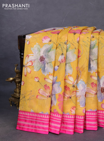 Kota silk cotton saree mustard yellow and pink with allover floral digital prints and woven border