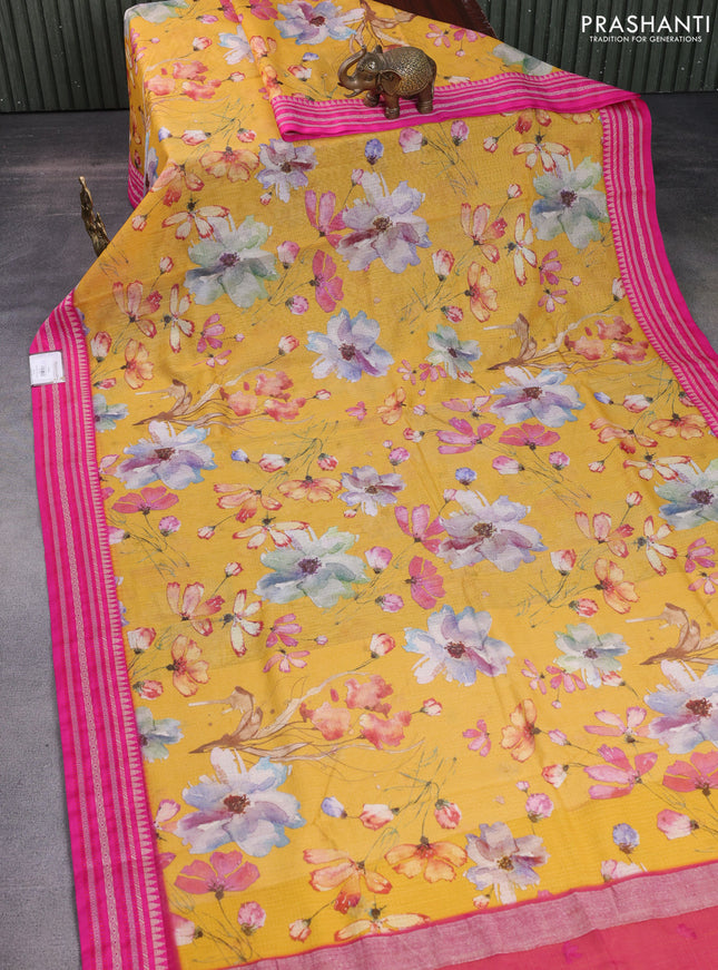 Kota silk cotton saree mustard yellow and pink with allover floral digital prints and woven border