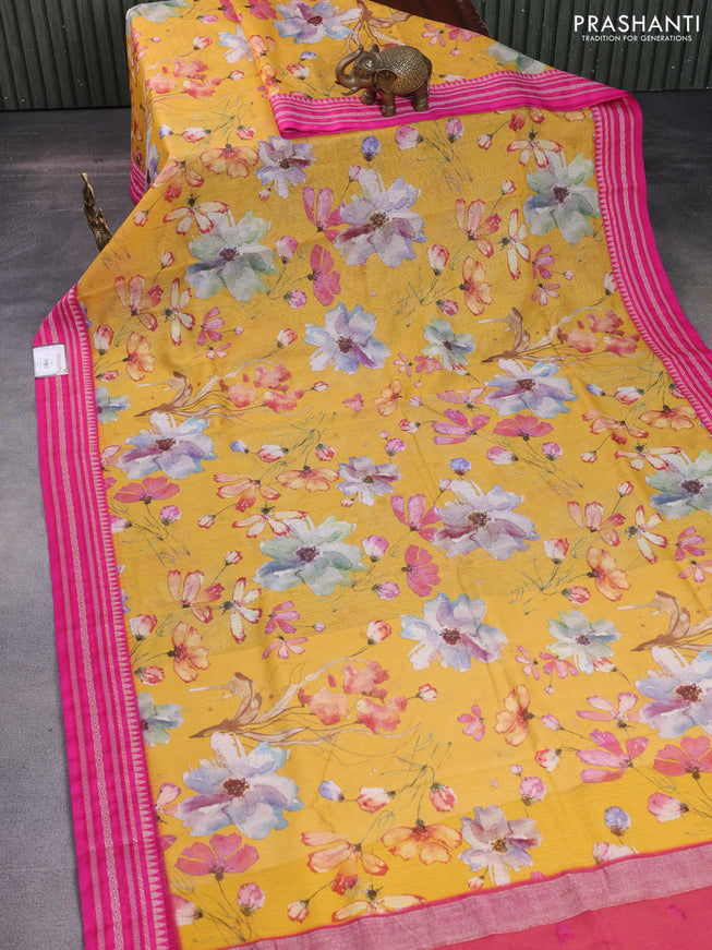 Kota silk cotton saree mustard yellow and pink with allover floral digital prints and woven border