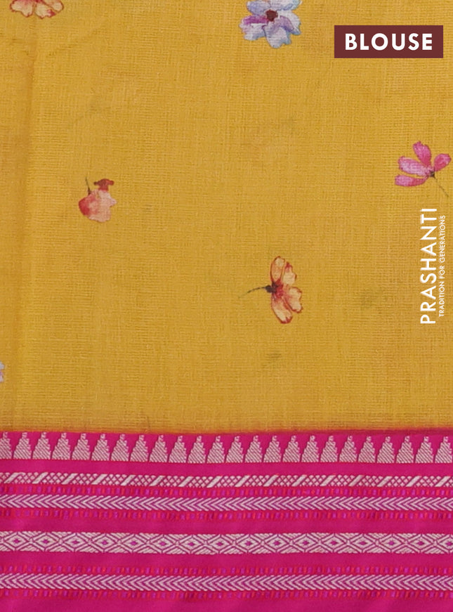 Kota silk cotton saree mustard yellow and pink with allover floral digital prints and woven border