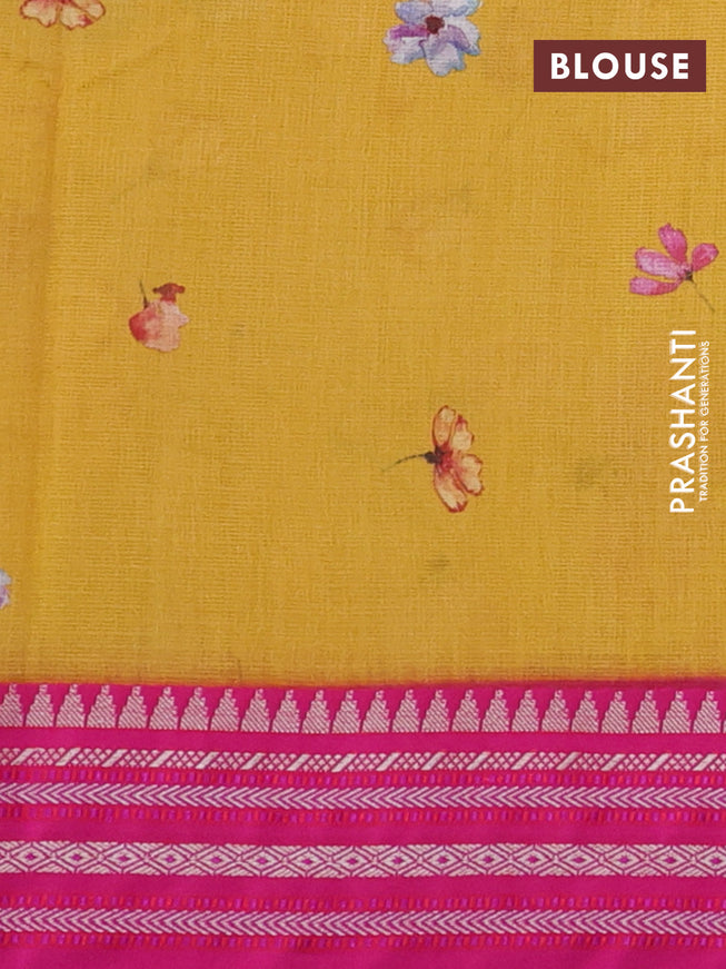 Kota silk cotton saree mustard yellow and pink with allover floral digital prints and woven border