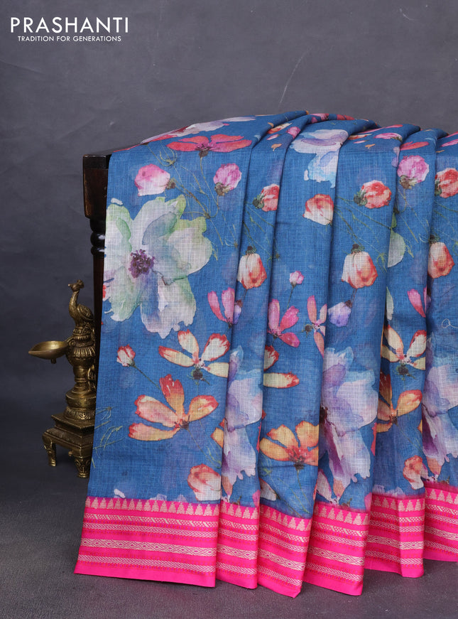 Kota silk cotton saree peacock blue and pink with allover floral digital prints and woven border
