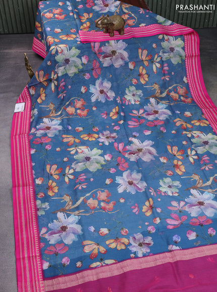 Kota silk cotton saree peacock blue and pink with allover floral digital prints and woven border