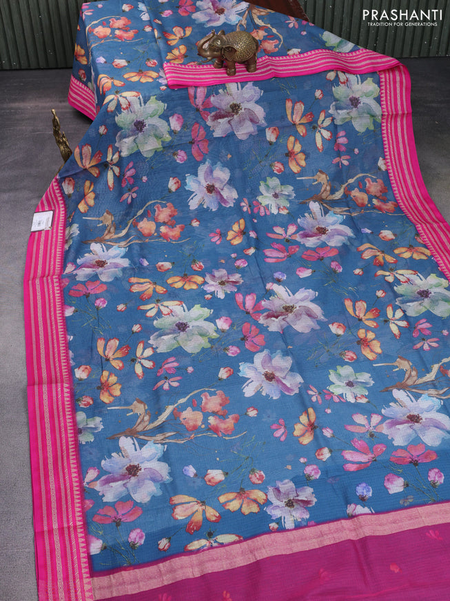 Kota silk cotton saree peacock blue and pink with allover floral digital prints and woven border