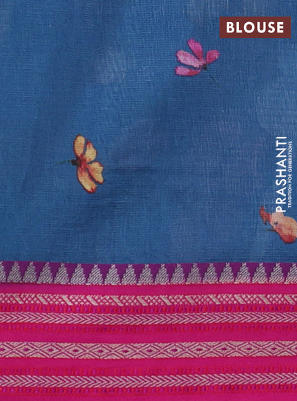 Kota silk cotton saree peacock blue and pink with allover floral digital prints and woven border