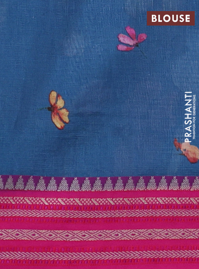 Kota silk cotton saree peacock blue and pink with allover floral digital prints and woven border