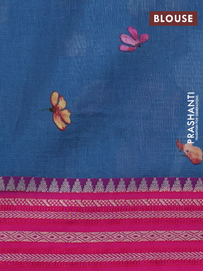 Kota silk cotton saree peacock blue and pink with allover floral digital prints and woven border