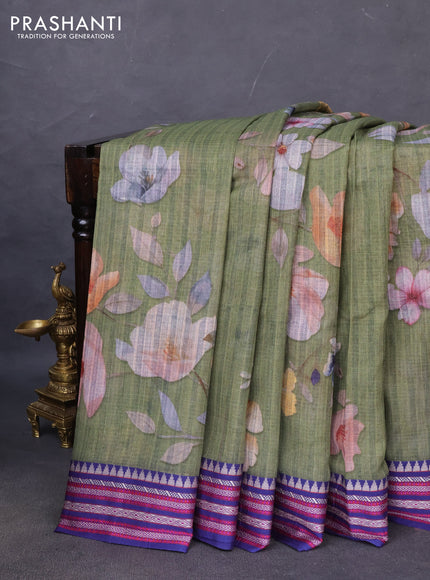 Kota silk cotton saree sap green and blue with allover floral digital prints and woven border