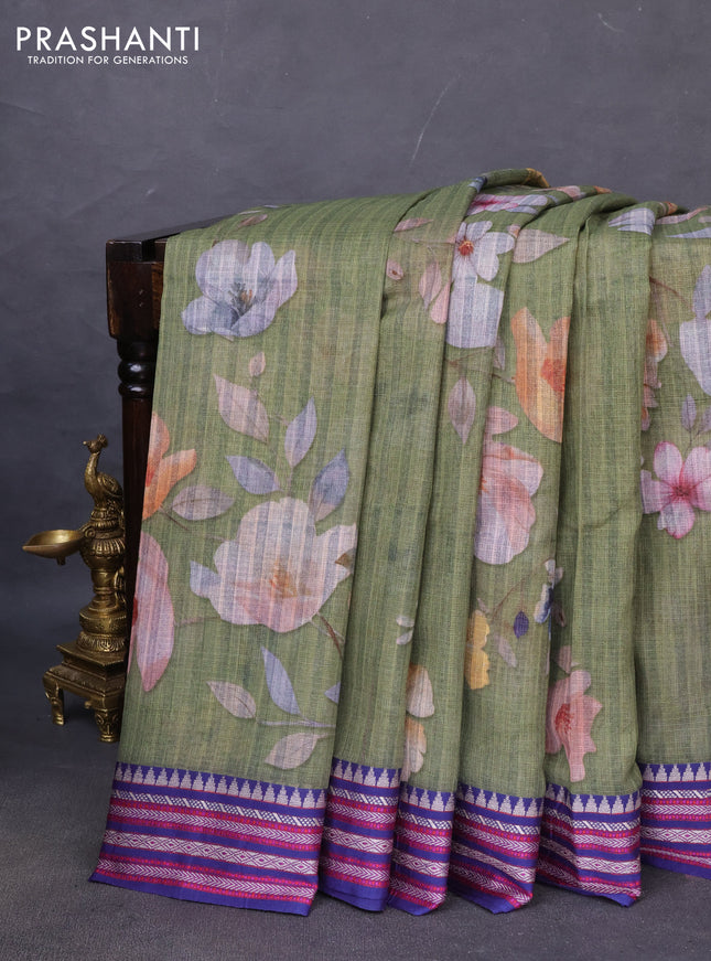Kota silk cotton saree sap green and blue with allover floral digital prints and woven border