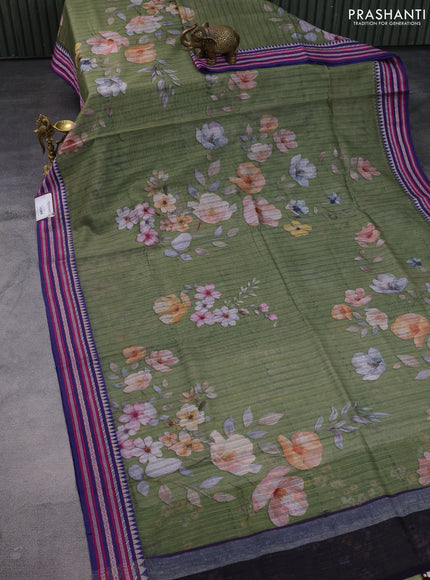 Kota silk cotton saree sap green and blue with allover floral digital prints and woven border