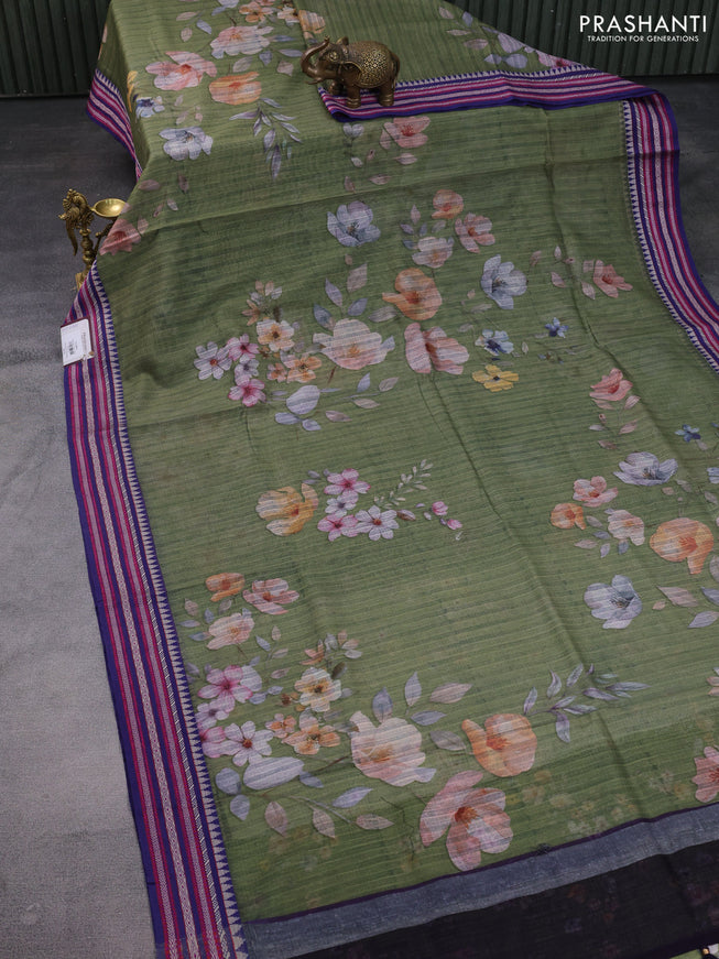 Kota silk cotton saree sap green and blue with allover floral digital prints and woven border