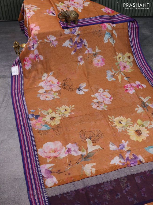Kota silk cotton saree rust shade and blue with allover floral digital prints and woven border