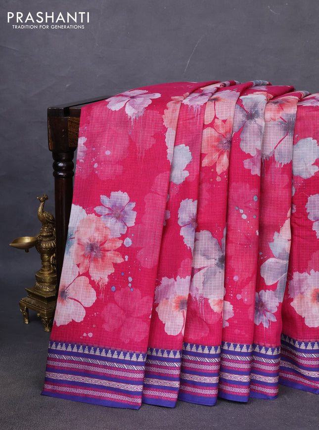 Kota silk cotton saree peacock blue and pink with allover floral digital prints and woven border