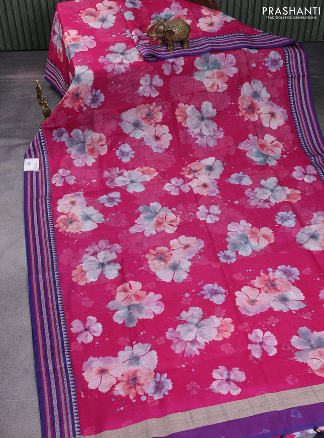 Kota silk cotton saree peacock blue and pink with allover floral digital prints and woven border