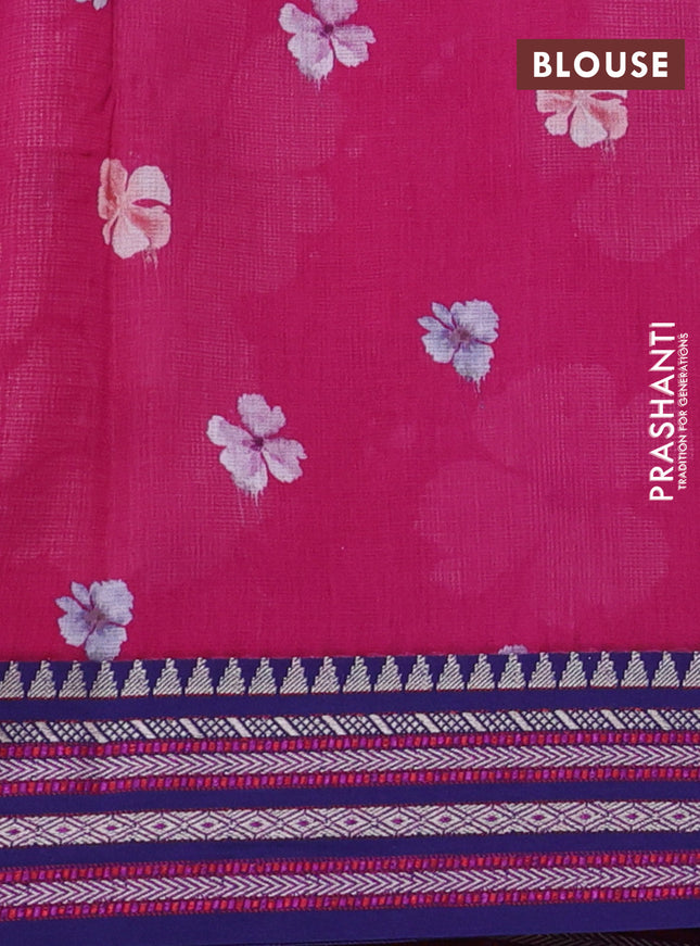 Kota silk cotton saree peacock blue and pink with allover floral digital prints and woven border