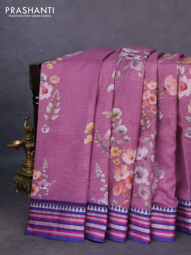 Kota silk cotton saree mauve pink and blue with allover floral digital prints and woven border
