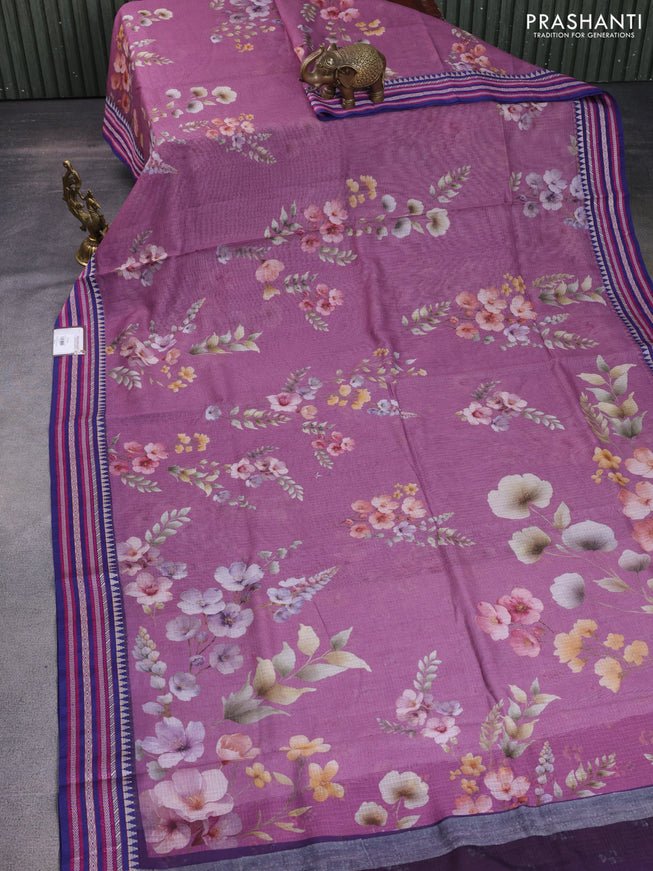 Kota silk cotton saree mauve pink and blue with allover floral digital prints and woven border