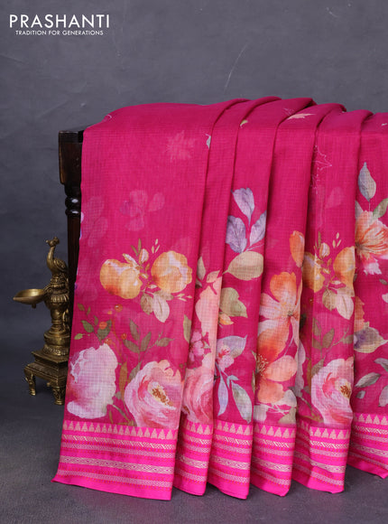 Kota silk cotton saree pink with allover floral digital prints and woven border