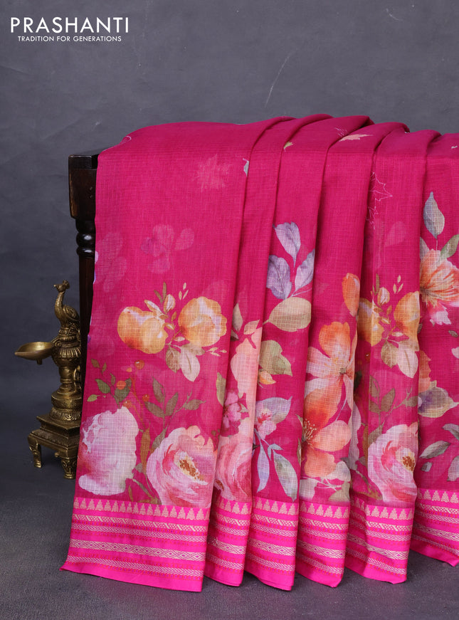 Kota silk cotton saree pink with allover floral digital prints and woven border