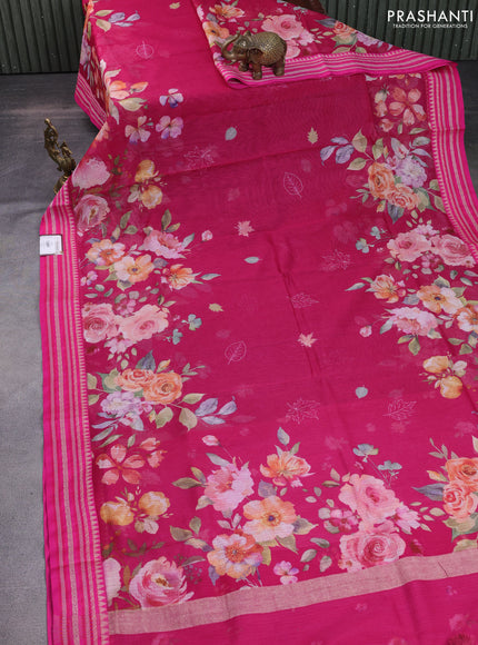 Kota silk cotton saree pink with allover floral digital prints and woven border