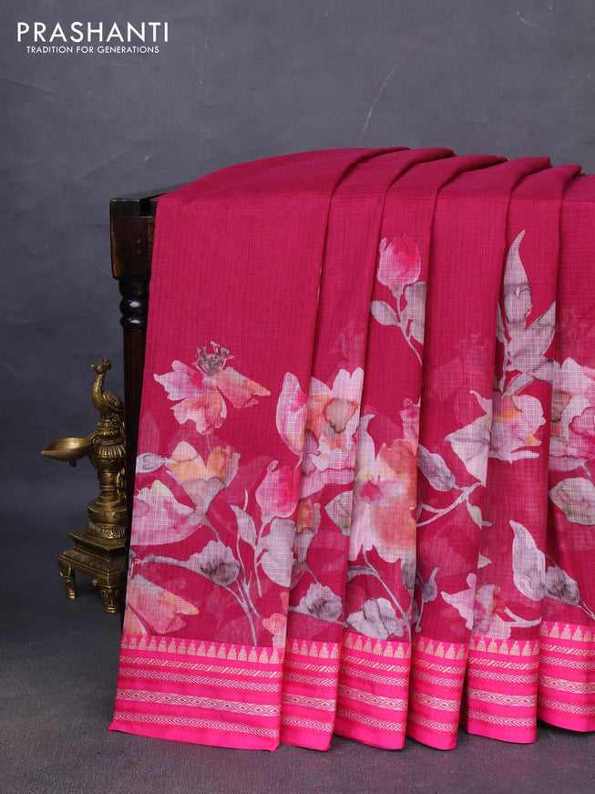 Kota silk cotton saree dark pink and pink with allover floral digital prints and woven border
