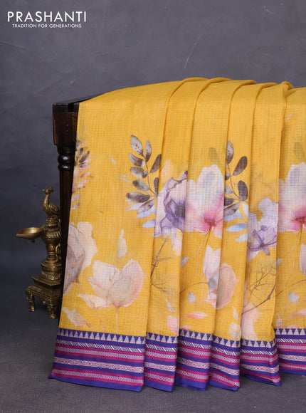 Kota silk cotton saree mustard yellow and blue with allover floral digital prints and woven border