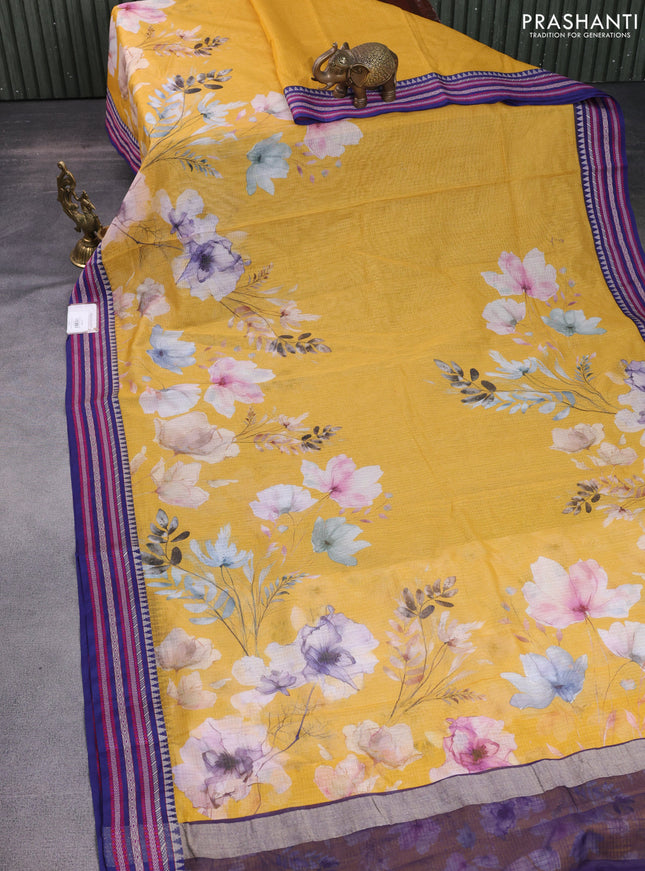 Kota silk cotton saree mustard yellow and blue with allover floral digital prints and woven border