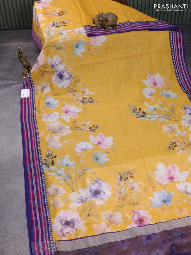 Kota silk cotton saree mustard yellow and blue with allover floral digital prints and woven border