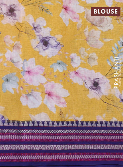 Kota silk cotton saree mustard yellow and blue with allover floral digital prints and woven border