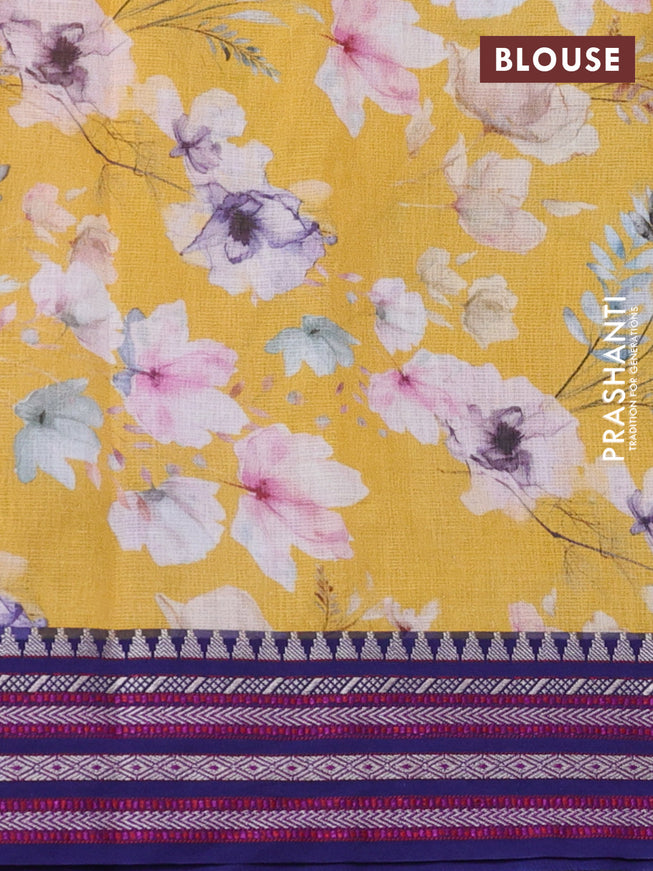 Kota silk cotton saree mustard yellow and blue with allover floral digital prints and woven border
