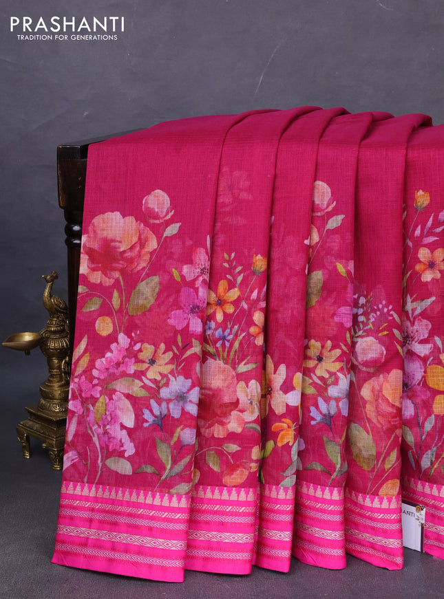 Kota silk cotton saree pink with allover floral digital prints and woven border