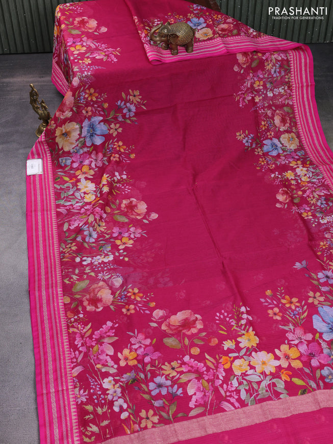 Kota silk cotton saree pink with allover floral digital prints and woven border