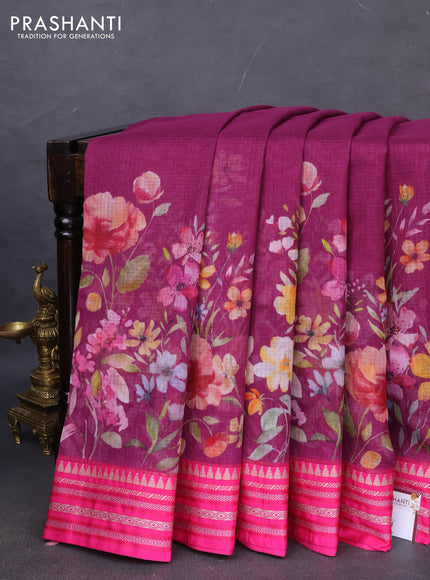 Kota silk cotton saree purple and pink with allover floral digital prints and woven border