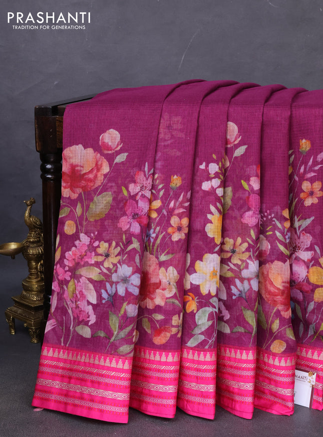 Kota silk cotton saree purple and pink with allover floral digital prints and woven border