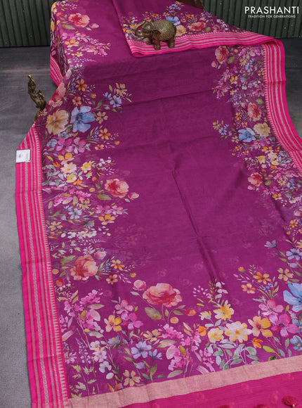Kota silk cotton saree purple and pink with allover floral digital prints and woven border