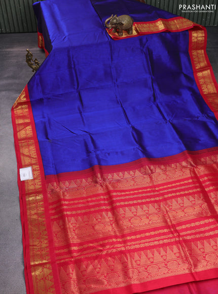 Silk cotton saree blue and red with plain body and zari woven korvai border