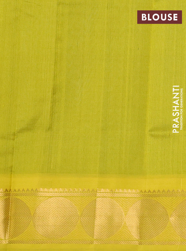 Silk cotton saree peacock green shade and mustard yellow with plain body and rudhraksha zari woven korvai border