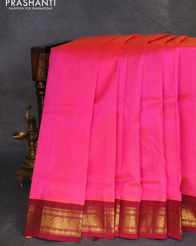 Silk cotton saree dual shade of pink and maroon with plain body and zari woven korvai border