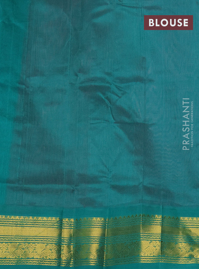 Silk cotton saree pink and teal green with plain body and zari woven korvai border
