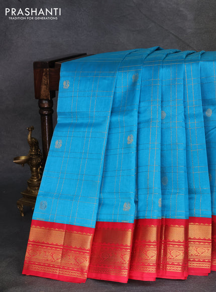 Silk cotton saree cs blue and red with allover zari checks & buttas and zari woven korvai border