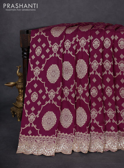 Banarasi silk saree wine shade with allover zari woven jaal weaves and gotapatti work border