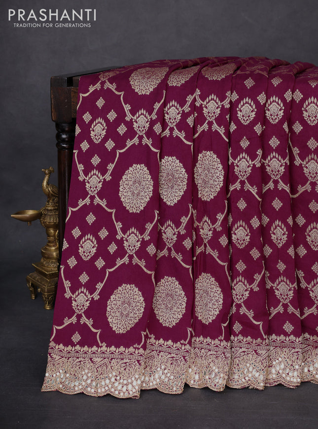 Banarasi silk saree wine shade with allover zari woven jaal weaves and gotapatti work border