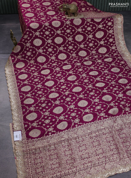 Banarasi silk saree wine shade with allover zari woven jaal weaves and gotapatti work border