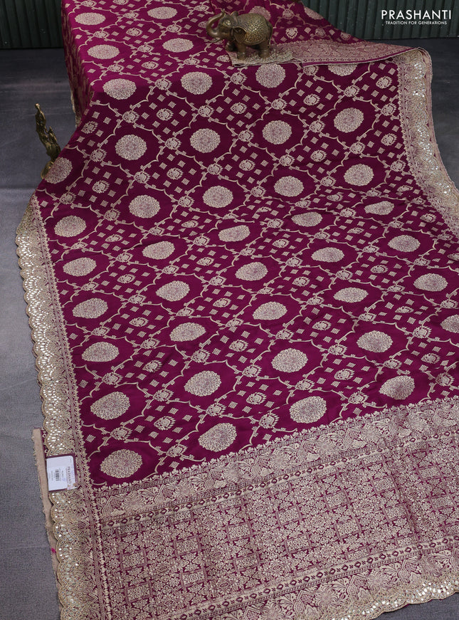Banarasi silk saree wine shade with allover zari woven jaal weaves and gotapatti work border