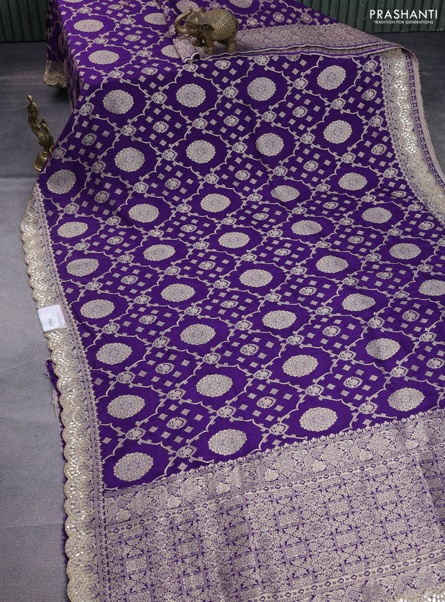 Banarasi silk saree violet with allover zari woven jaal weaves and gotapatti work border