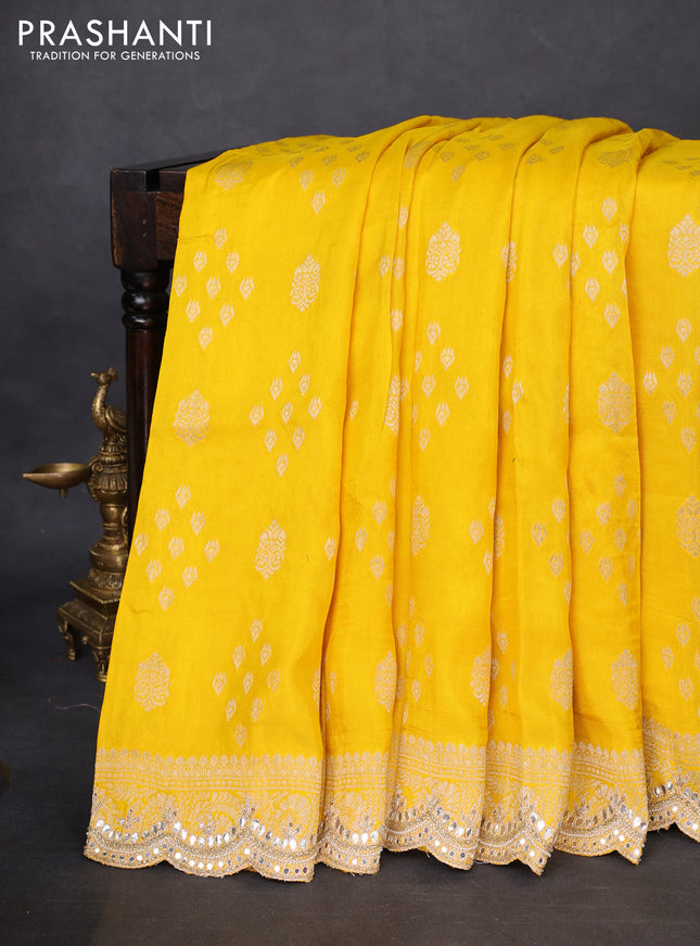 Banarasi silk saree yellow with allover zari woven butta weaves and gotapatti work border