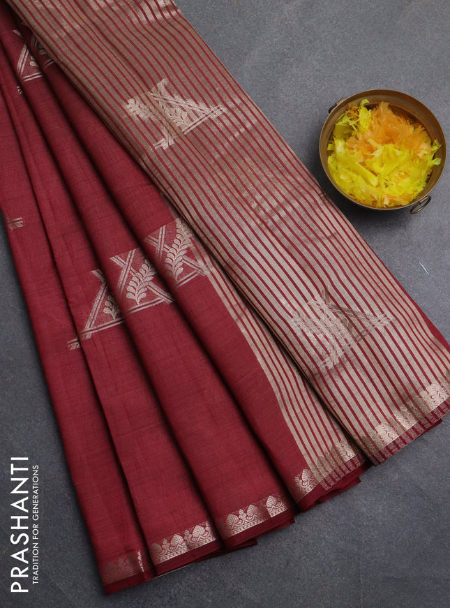Semi raw silk saree deep maroon with zari woven buttas and zari woven border