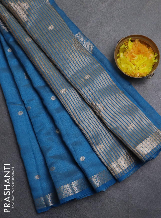 Semi raw silk saree cs blue with zari woven buttas and zari woven border