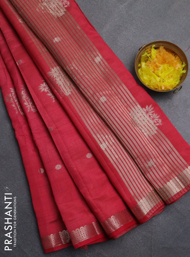 Semi raw silk saree dark pink with zari woven buttas and zari woven border