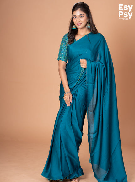 Teal Blue Satin Crepe readymade saree with readymade bandhani printed blouse